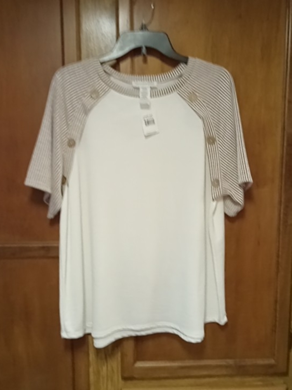 Women’s Short-Sleeve Button Accent Top in White and Tan